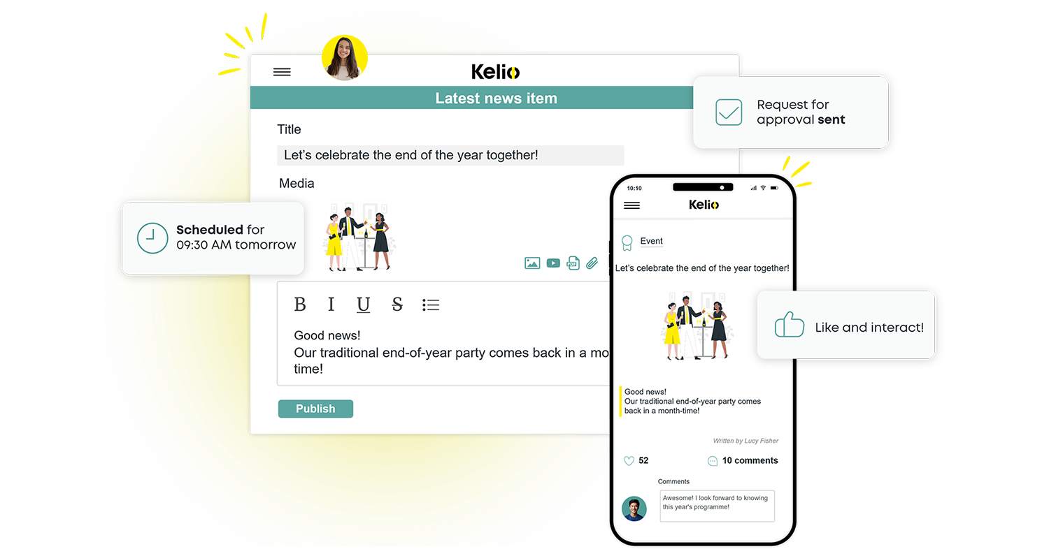 Kelio interface to create and share a news item on computer and phone