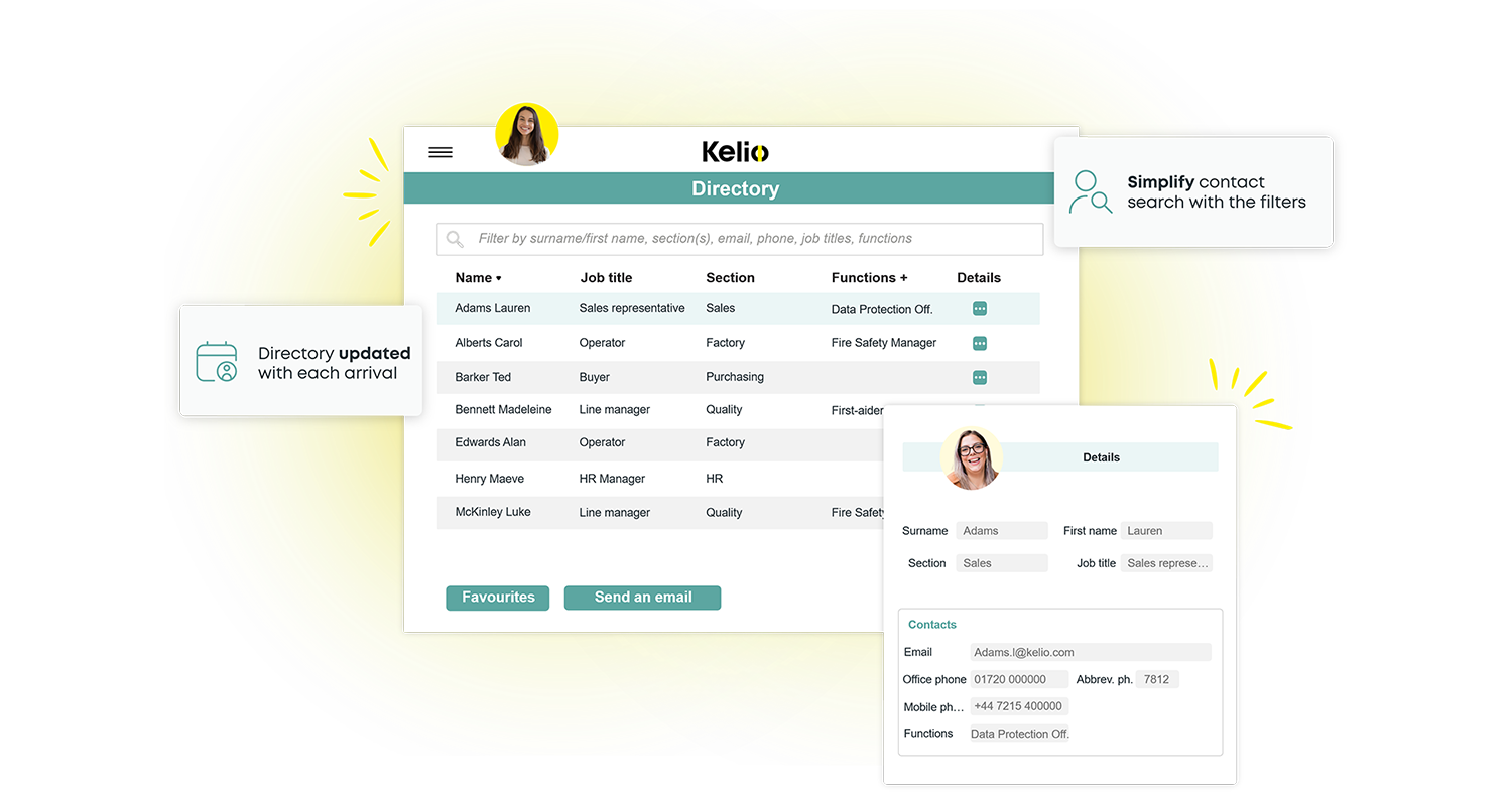 Kelio's directory interface to search by filters the contacts of employees in the company