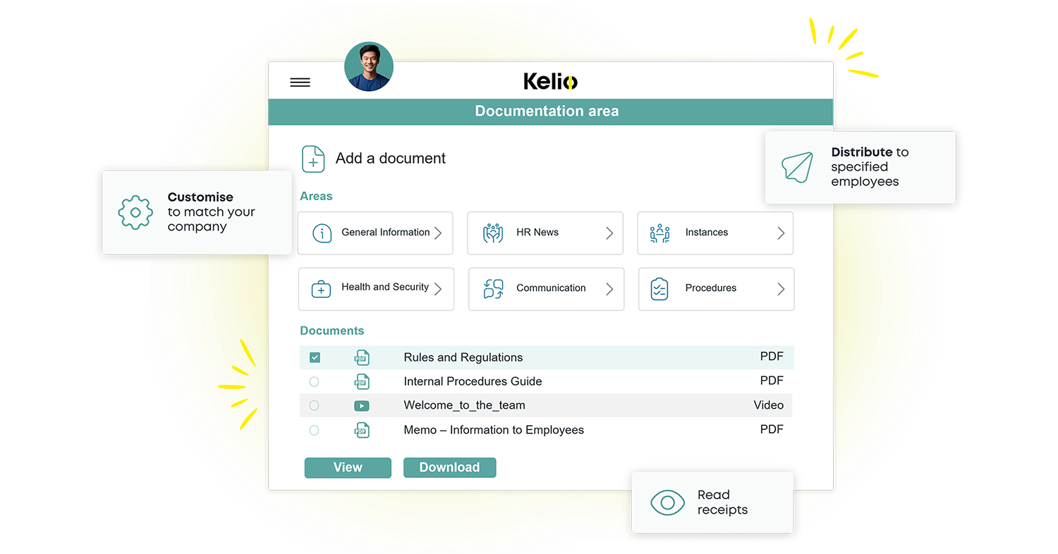 Kelio's documentation area interface with customised folders and read receipts