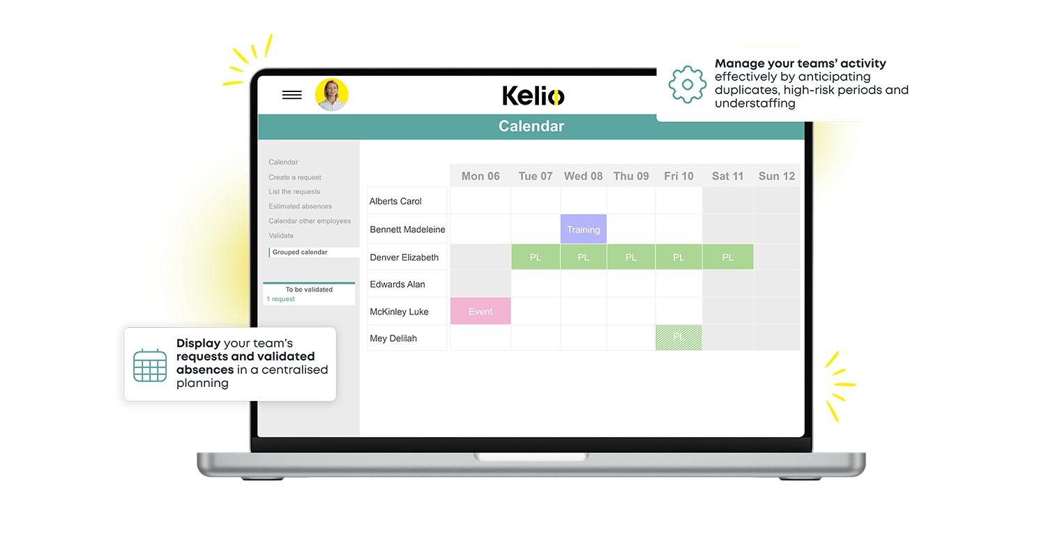 Kelio monthly team planning view showing workforce attendance patterns, ongoing leaves and scheduled absences