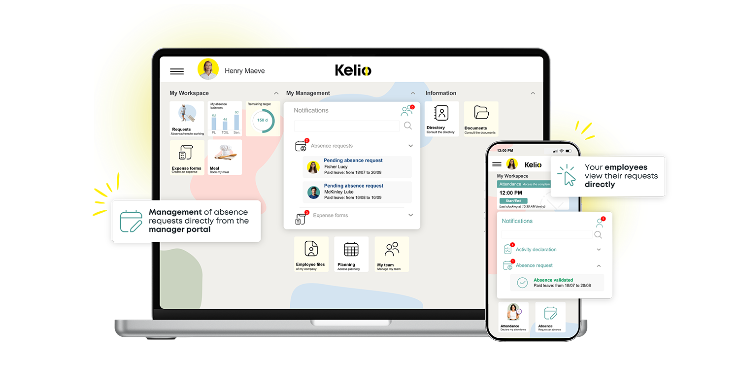 Kelio HR portal interface on a laptop screen showing the online absence management system and employee self-service area