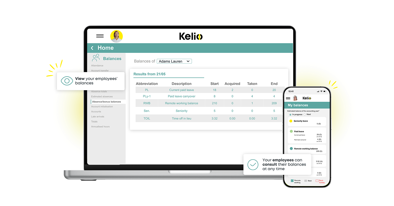 Kelio absence management software screen tracking real-time entitlement rules, annual leave and sick leave balances