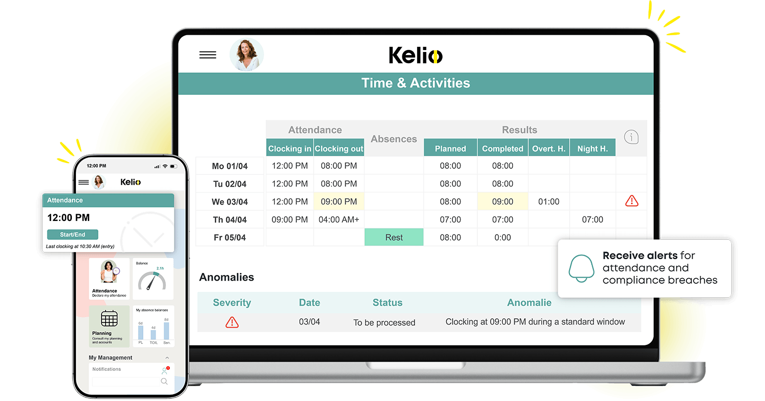 Weekly attendance log in Kelio with automatic overtime calculation and an alert for hours outside the standard schedule