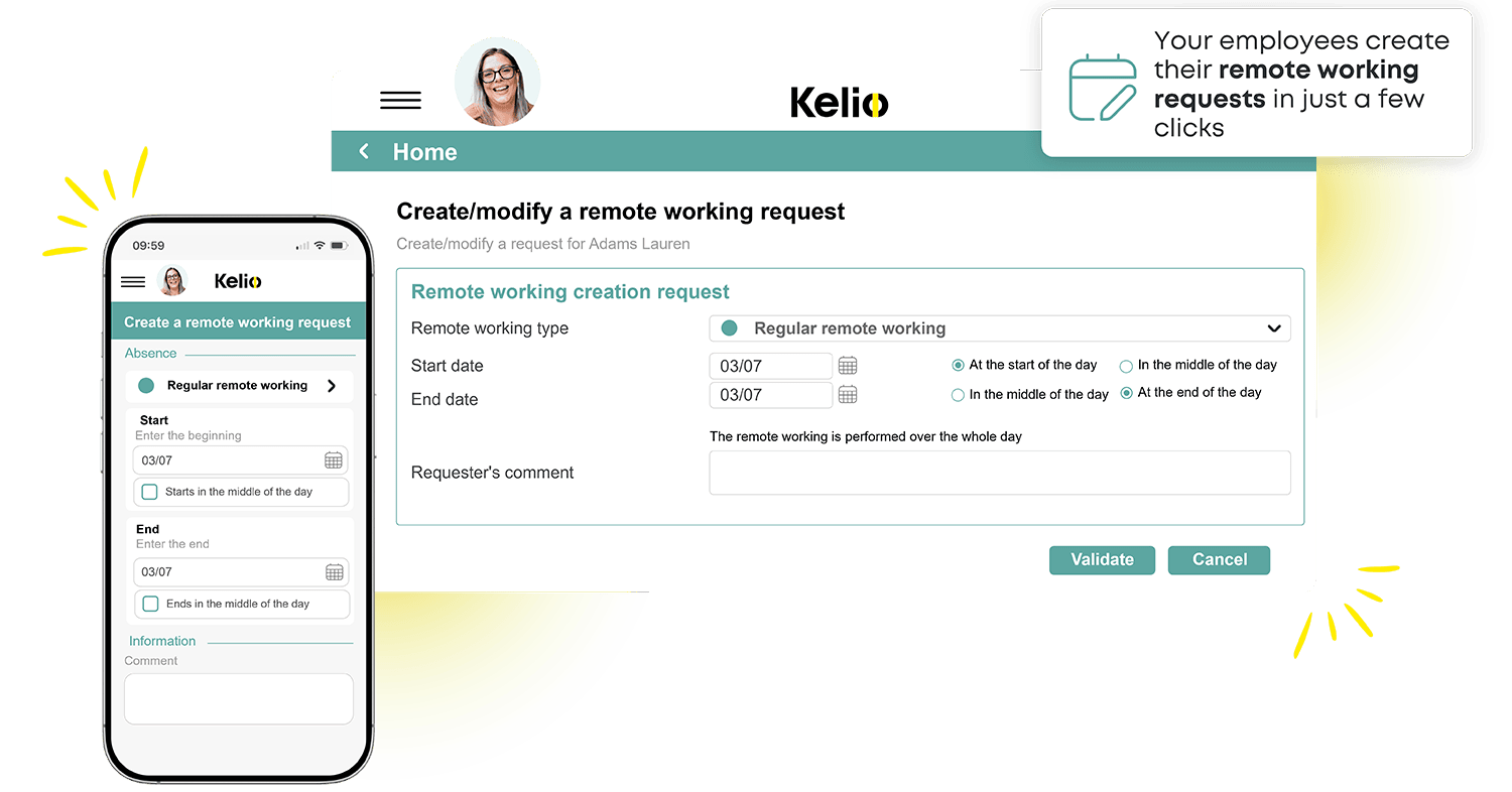 Screenshot of the Kelio software showing a request to set up remote working