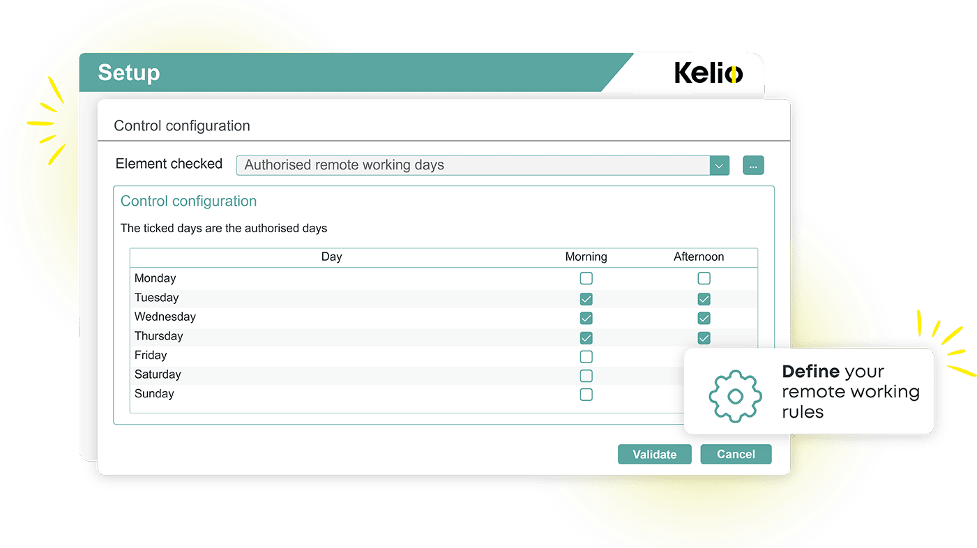 Screenshot of the Kelio software showing the configuration and settings for remote working rules