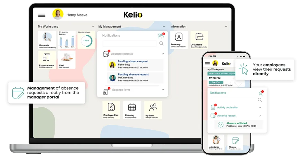 Kelio staff absence management software interface on laptop and smartphone for leave approvals