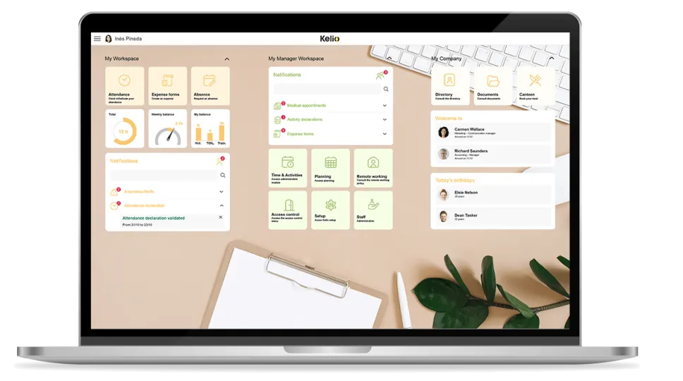 Kelio HR software dashboard on laptop for employee medical check-ups and certification tracking