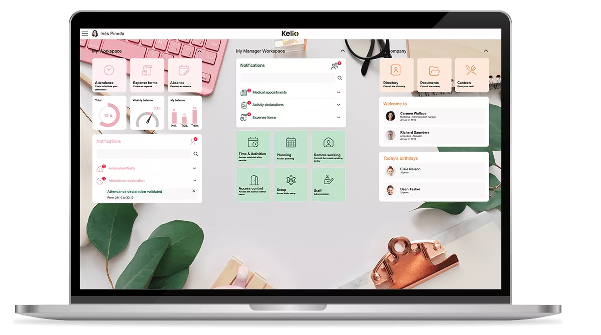 Tableau de bord du portail RH Kelio affichant le suivi des présences, demandes de congés et notifications managers