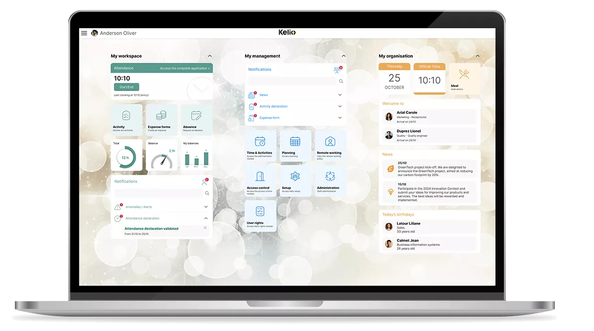 Kelio HR portal interface on a laptop screen showing automated time management and employee workspace widgets
