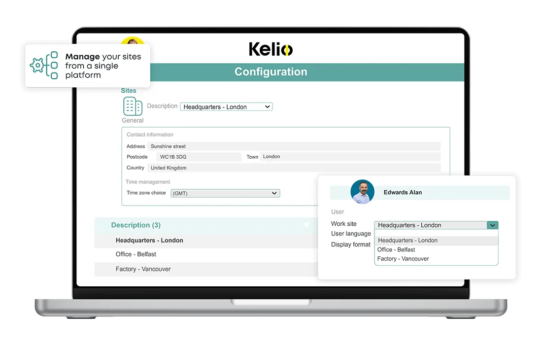 Multi-site organisation configuration screen in Kelio software comparing absence rates and leave policies by location